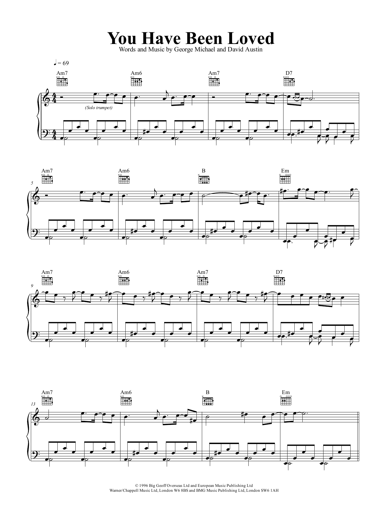 Download George Michael You Have Been Loved Sheet Music and learn how to play Piano, Vocal & Guitar (Right-Hand Melody) PDF digital score in minutes