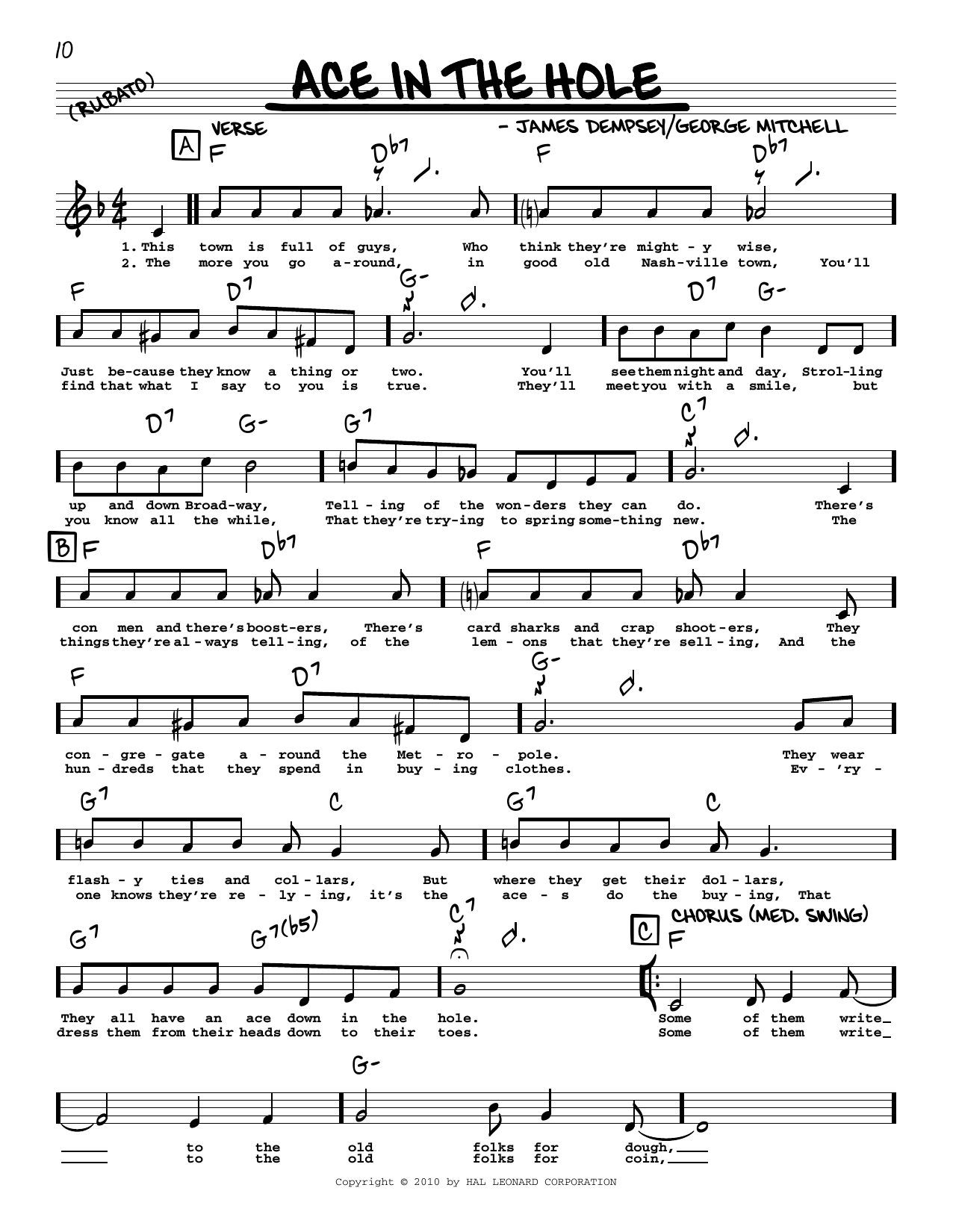Download George Mitchell Ace In The Hole (arr. Robert Rawlins) Sheet Music and learn how to play Real Book – Melody, Lyrics & Chords PDF digital score in minutes