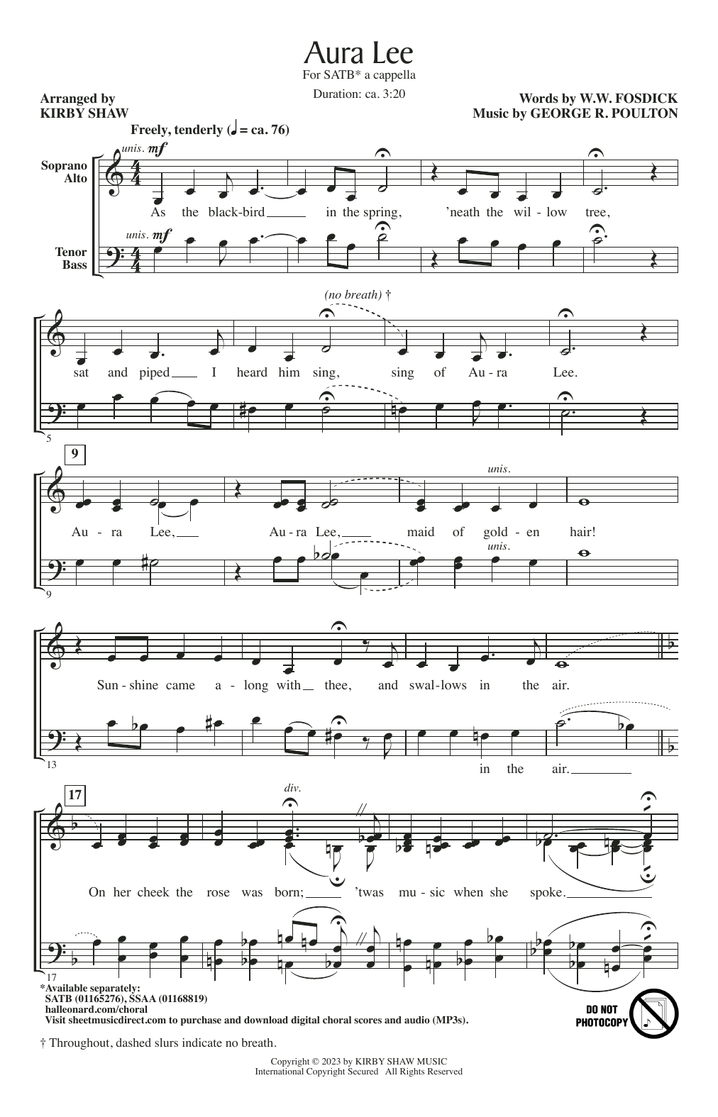 Download George R. Poulton Aura Lee (arr. Kirby Shaw) Sheet Music and learn how to play SATB Choir PDF digital score in minutes