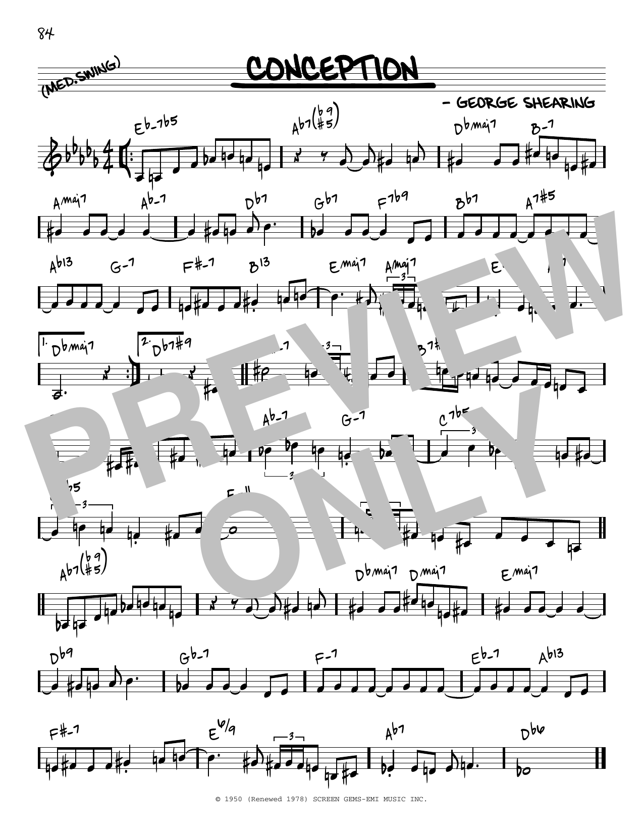 Download George Shearing Conception [Reharmonized version] (arr. Jack Grassel) Sheet Music and learn how to play Real Book – Melody & Chords PDF digital score in minutes