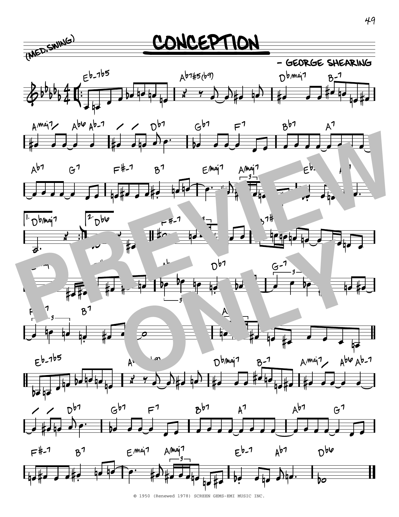 Download George Shearing Conception Sheet Music and learn how to play Real Book - Melody & Chords - Bb Instruments PDF digital score in minutes
