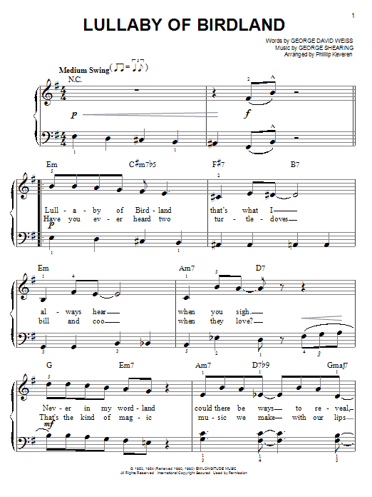 Download George Shearing Lullaby Of Birdland Sheet Music and learn how to play Easy Piano PDF digital score in minutes