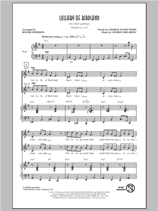 Download George Shearing Lullaby Of Birdland (arr. Roger Emerson) Sheet Music and learn how to play 2-Part Choir PDF digital score in minutes
