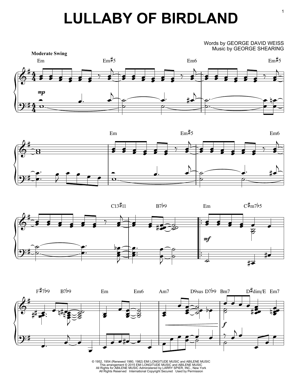 Download George Shearing Lullaby Of Birdland Sheet Music and learn how to play Piano PDF digital score in minutes