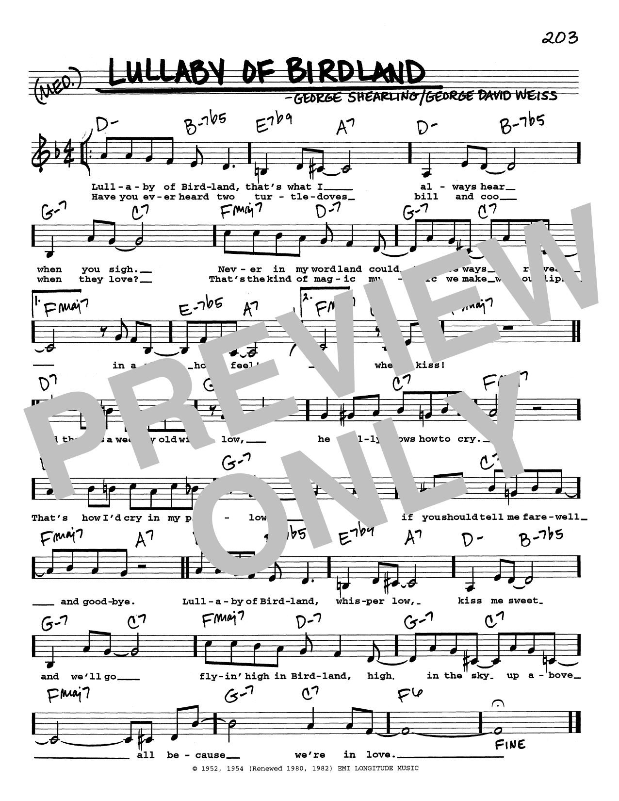 Download George Shearing Lullaby Of Birdland (Low Voice) Sheet Music and learn how to play Real Book – Melody, Lyrics & Chords PDF digital score in minutes