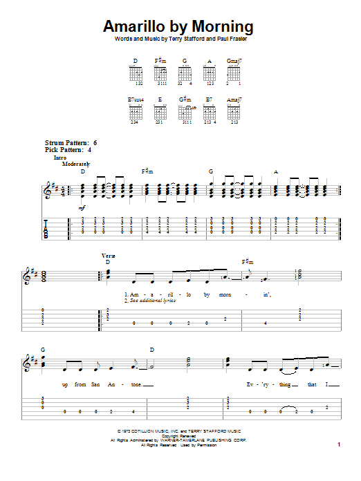 Download Terry Stafford Amarillo By Morning Sheet Music and learn how to play Easy Guitar Tab PDF digital score in minutes