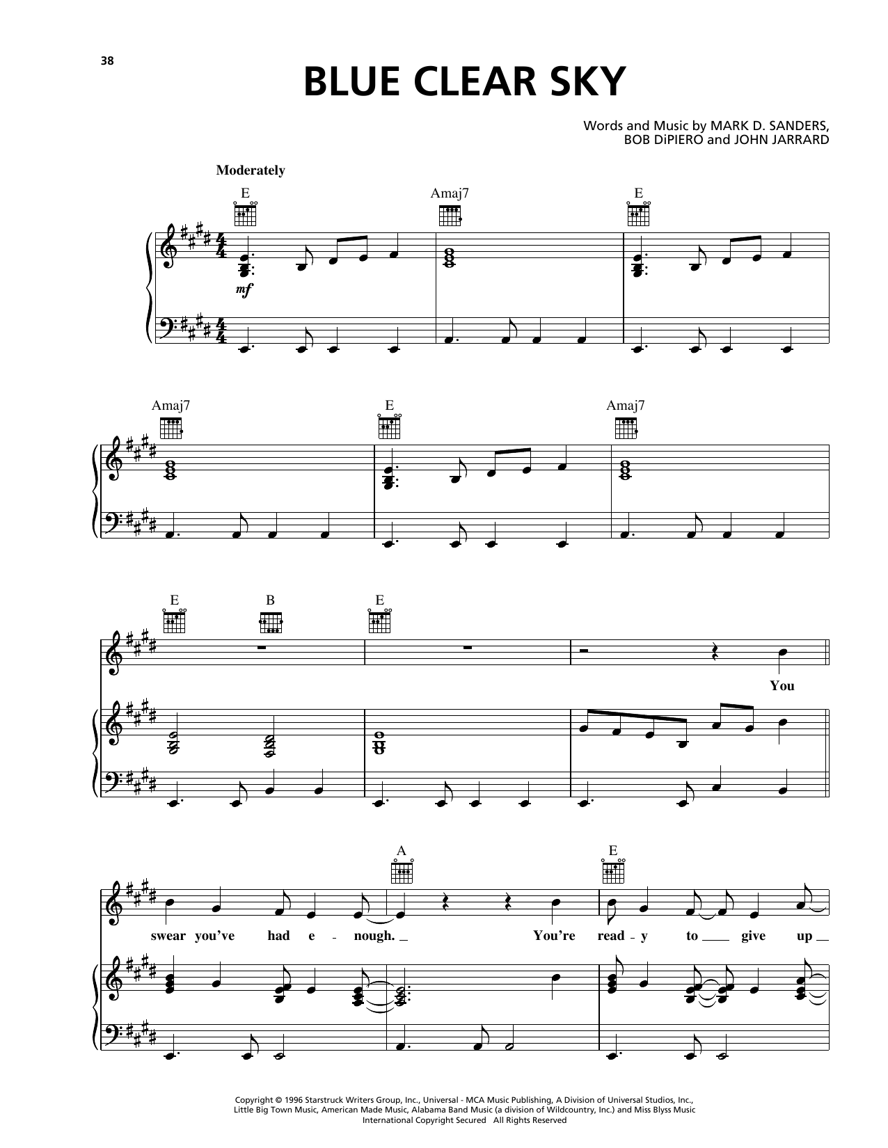Download George Strait Blue Clear Sky Sheet Music and learn how to play Piano, Vocal & Guitar (Right-Hand Melody) PDF digital score in minutes