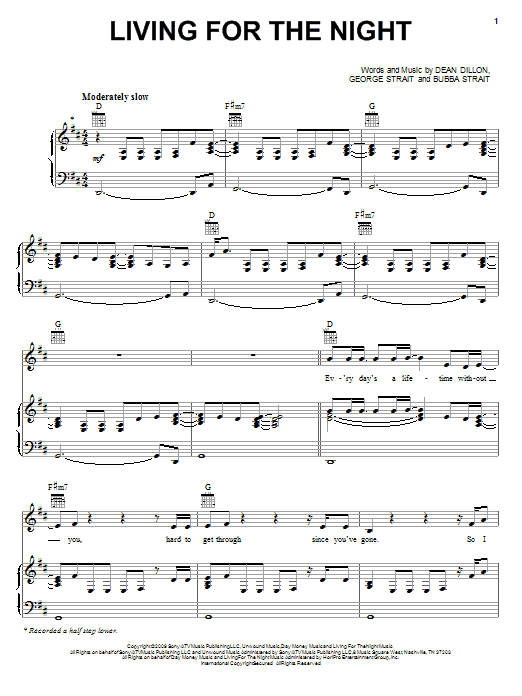 Download George Strait Living For The Night Sheet Music and learn how to play Piano, Vocal & Guitar (Right-Hand Melody) PDF digital score in minutes