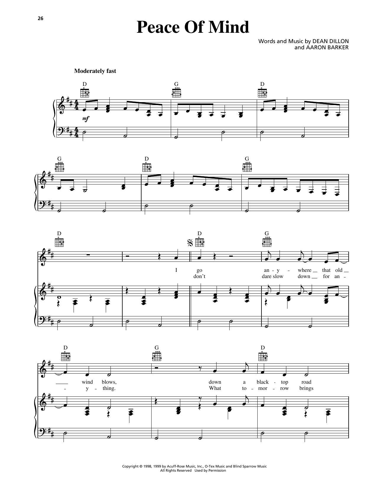 Download George Strait Peace Of Mind Sheet Music and learn how to play Piano, Vocal & Guitar Chords (Right-Hand Melody) PDF digital score in minutes