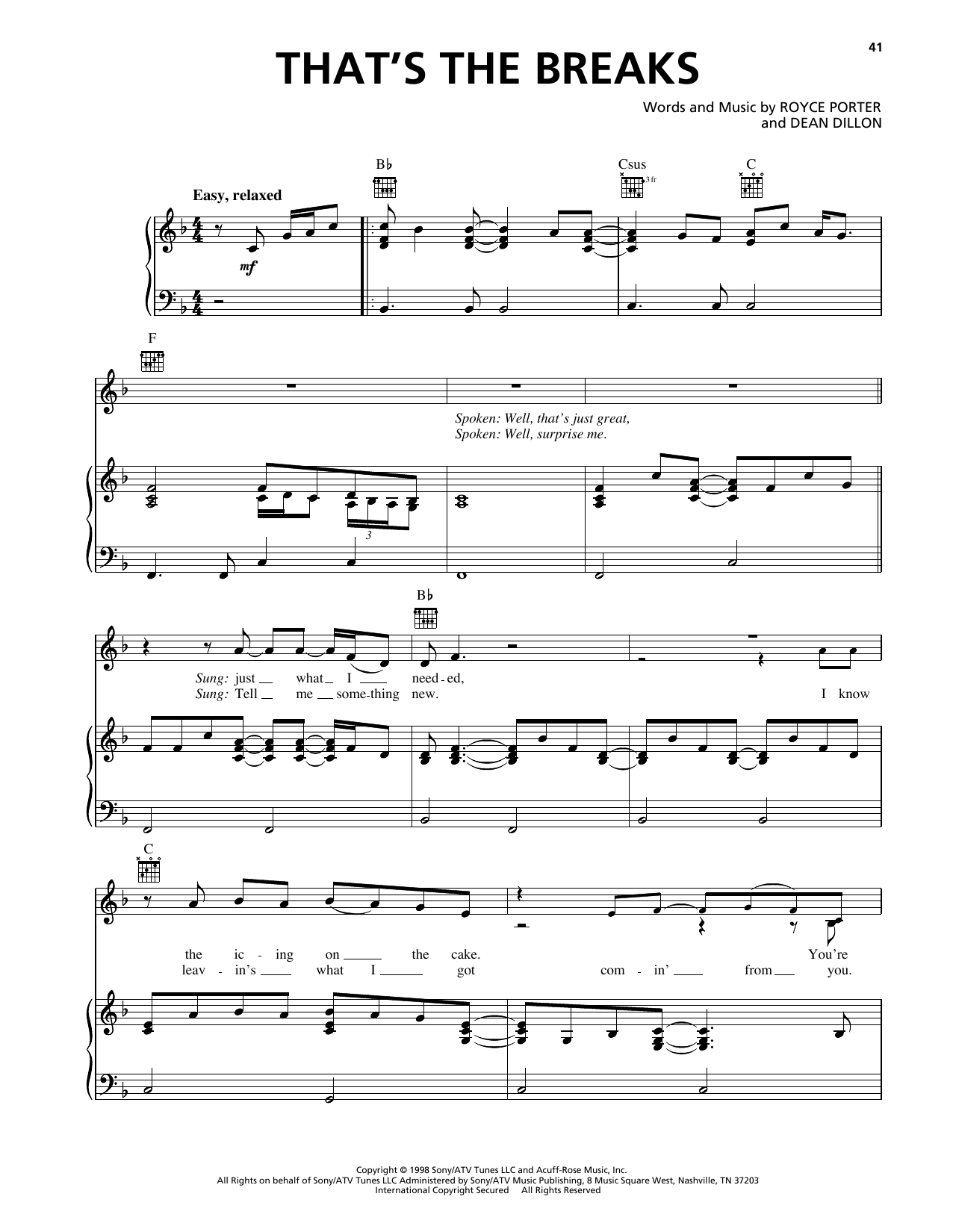 Download George Strait That's The Breaks Sheet Music and learn how to play Piano, Vocal & Guitar Chords (Right-Hand Melody) PDF digital score in minutes