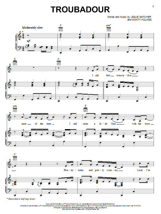 Download George Strait Troubadour Sheet Music and learn how to play Piano, Vocal & Guitar (Right-Hand Melody) PDF digital score in minutes
