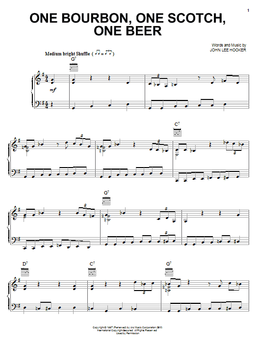 Download George Thorogood & The Destroyers One Bourbon, One Scotch, One Beer Sheet Music and learn how to play Piano, Vocal & Guitar (Right-Hand Melody) PDF digital score in minutes