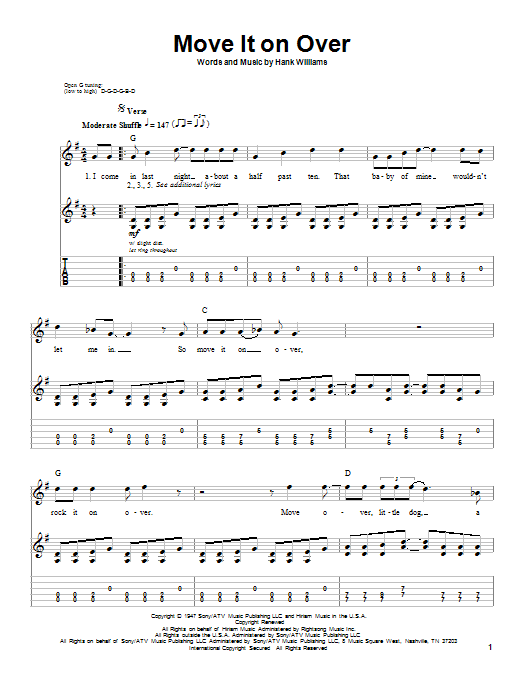 Download George Thorogood Move It On Over Sheet Music and learn how to play Guitar Tab (Single Guitar) PDF digital score in minutes