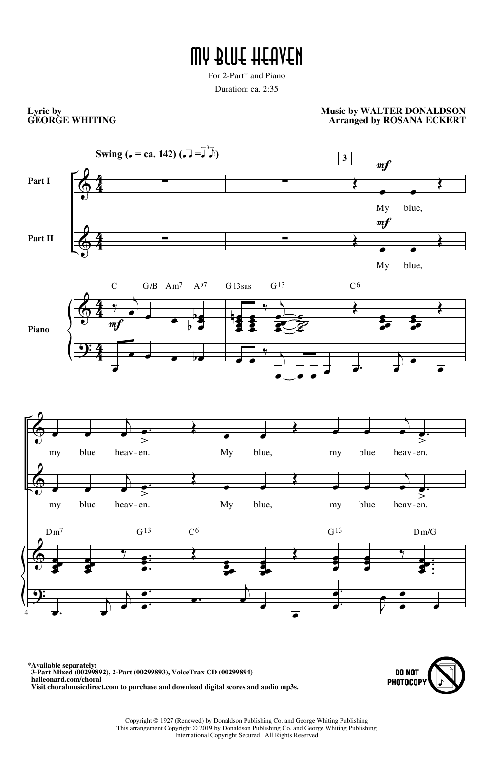 Download George Whiting and Walter Donaldson My Blue Heaven (arr. Rosana Eckert) Sheet Music and learn how to play 3-Part Mixed Choir PDF digital score in minutes