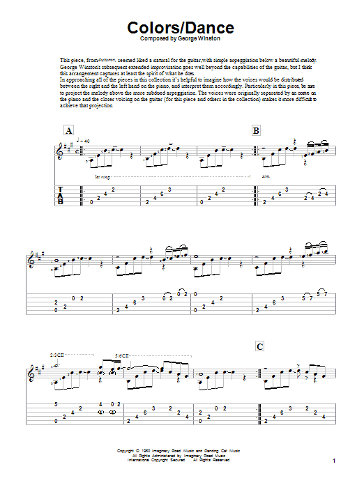 Download George Winston Colors/Dance Sheet Music and learn how to play Guitar Tab PDF digital score in minutes
