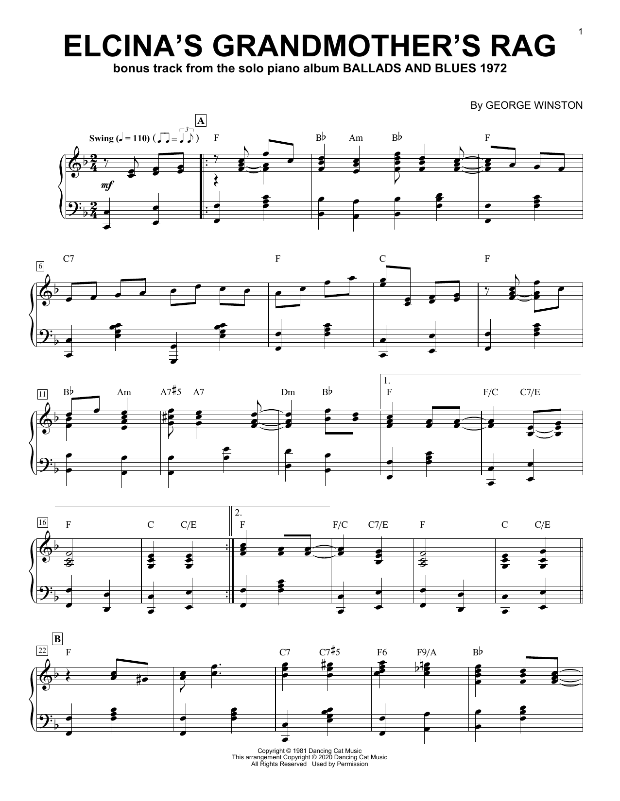 Download George Winston Elcina's Grandmother's Rag Sheet Music and learn how to play Piano Solo PDF digital score in minutes