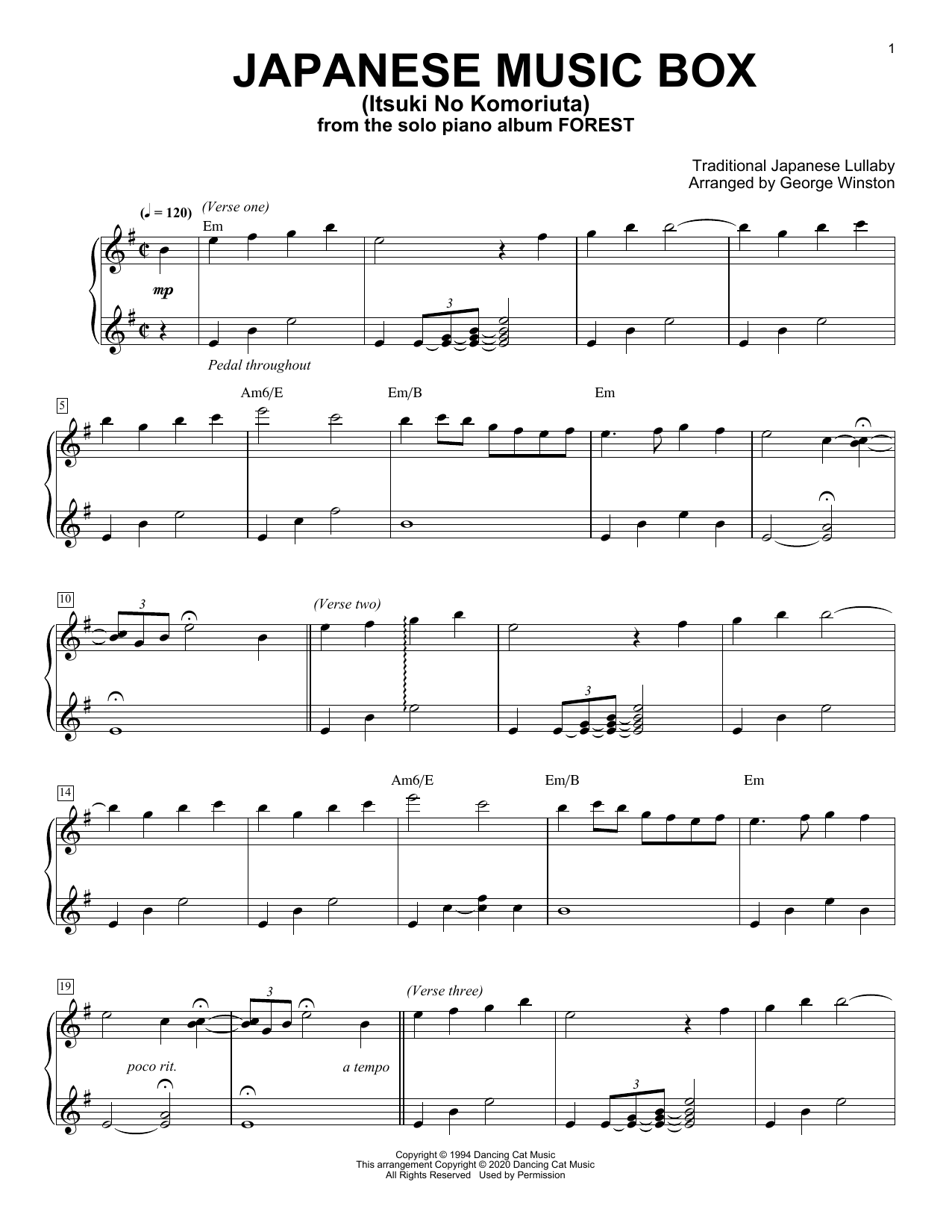 Download George Winston Japanese Music Box (Itsuki No Komoriuta) Sheet Music and learn how to play Easy Piano PDF digital score in minutes