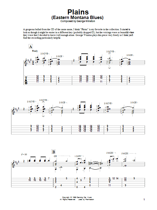 Download George Winston Plains (Eastern Montana Blues) Sheet Music and learn how to play Guitar Tab PDF digital score in minutes