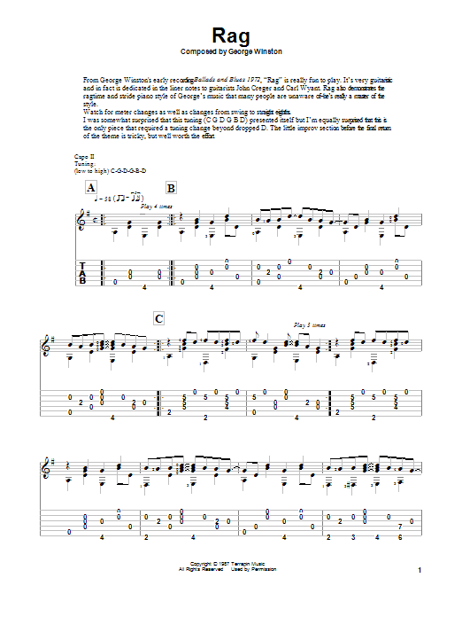 Download George Winston Rag Sheet Music and learn how to play Guitar Tab PDF digital score in minutes