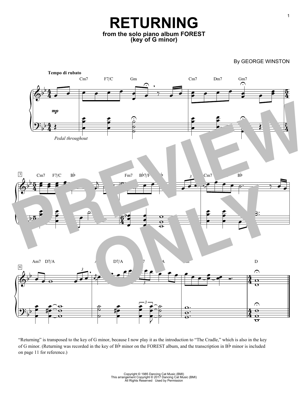 Download George Winston Returning In The Key Of G Minor Sheet Music and learn how to play Piano PDF digital score in minutes