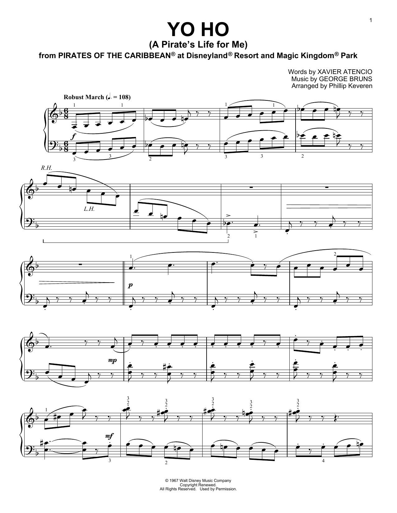 George Bruns Yo Ho A Pirate S Life For Me Ragtime Version Arr Phillip Keveren Sheet Music Notes Download Printable Pdf Score 18