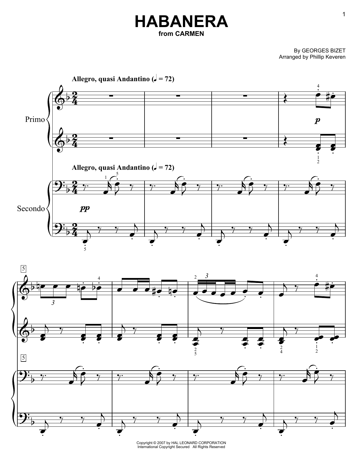 Download Phillip Keveren Habanera Sheet Music and learn how to play Easy Piano Duet PDF digital score in minutes