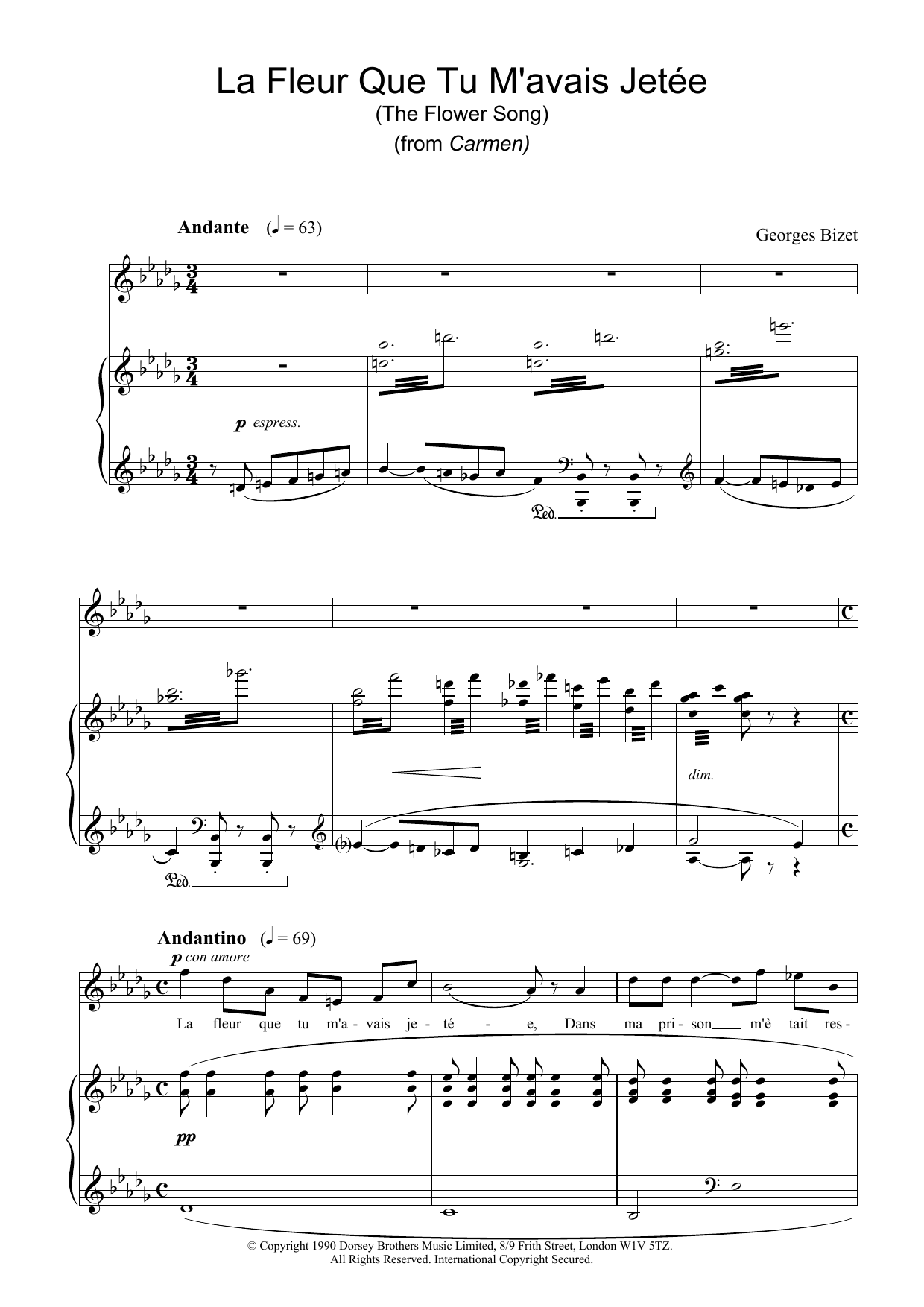 Download Georges Bizet La Fleur Que Tu M'avais Jetée (The Flower Song) (from Carmen) Sheet Music and learn how to play Piano & Vocal PDF digital score in minutes