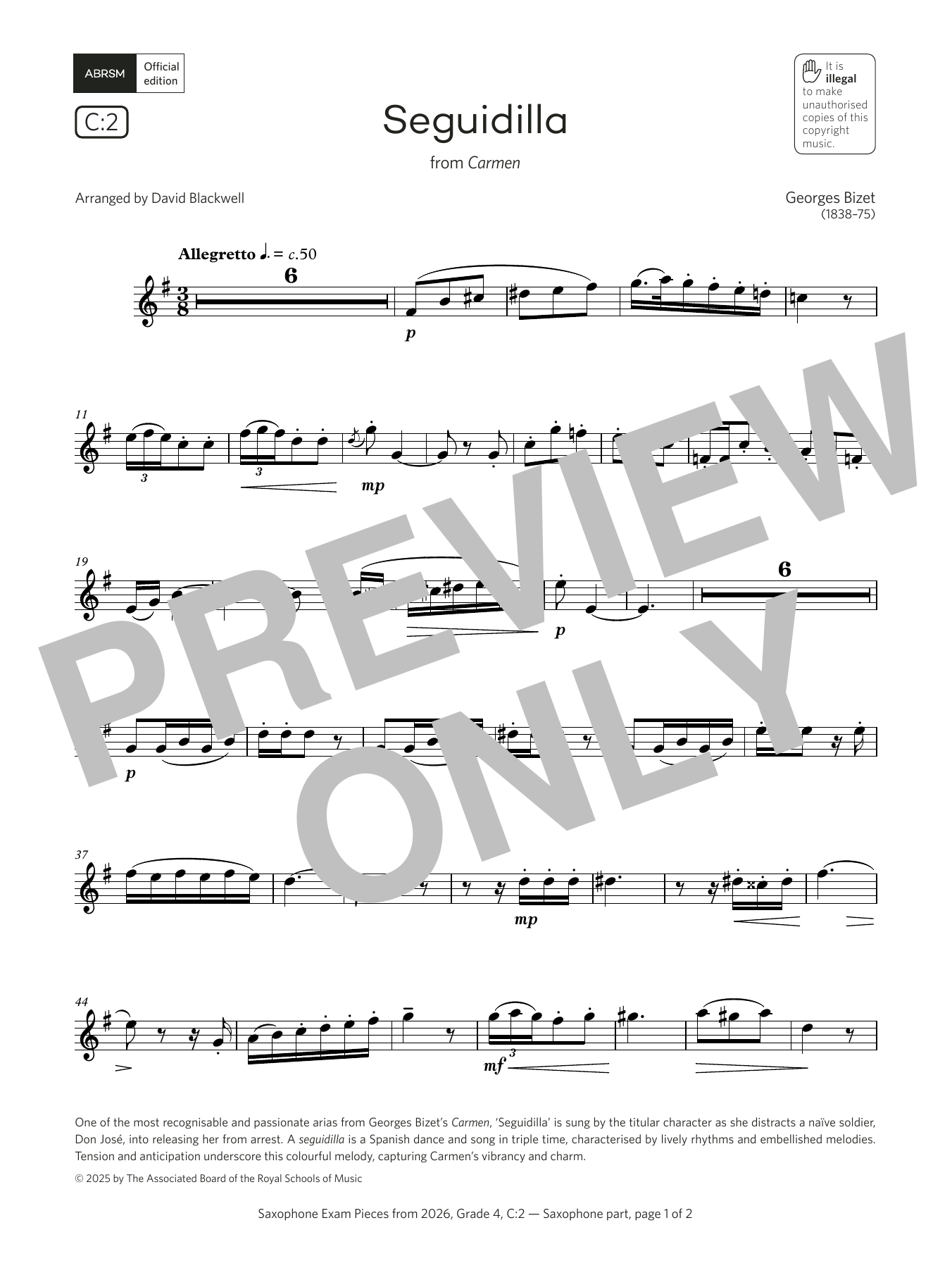 Download Georges Bizet Seguidilla (Grade 4, list C2, from the ABRSM Saxophone Syllabus from 2026) Sheet Music and learn how to play Alto Sax Solo PDF digital score in minutes