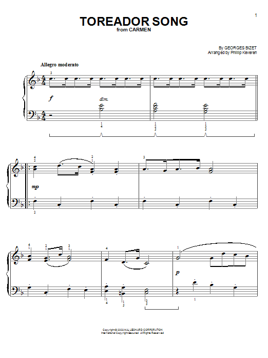 Download Georges Bizet Toreador Song Sheet Music and learn how to play Easy Piano PDF digital score in minutes