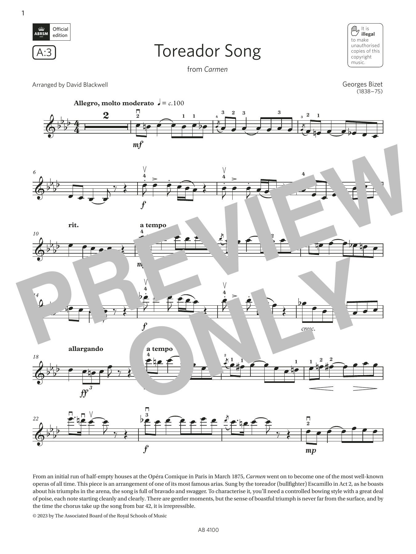 Download Georges Bizet Toreador Song (Grade 6, A3, from the ABRSM Violin Syllabus from 2024) Sheet Music and learn how to play Violin Solo PDF digital score in minutes