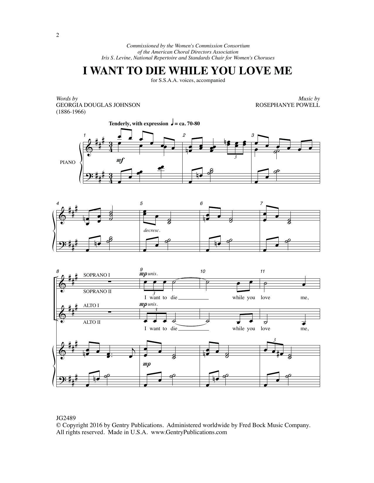 Download Georgia Douglas Johnson I Want to Die While You Love Me Sheet Music and learn how to play SSAA Choir PDF digital score in minutes