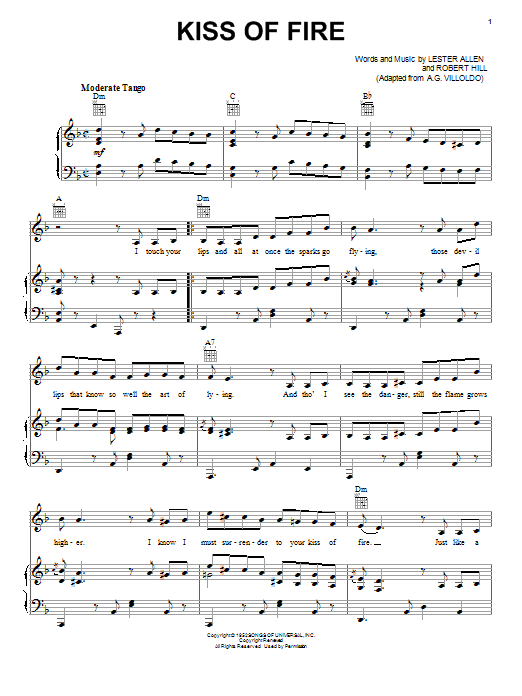 Download Georgia Gibbs Kiss Of Fire Sheet Music and learn how to play Melody Line, Lyrics & Chords PDF digital score in minutes