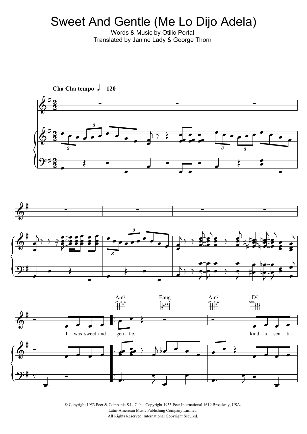 Download Georgia Gibbs Sweet and Gentle (Me Lo Dijo Adela) Sheet Music and learn how to play Piano, Vocal & Guitar (Right-Hand Melody) PDF digital score in minutes