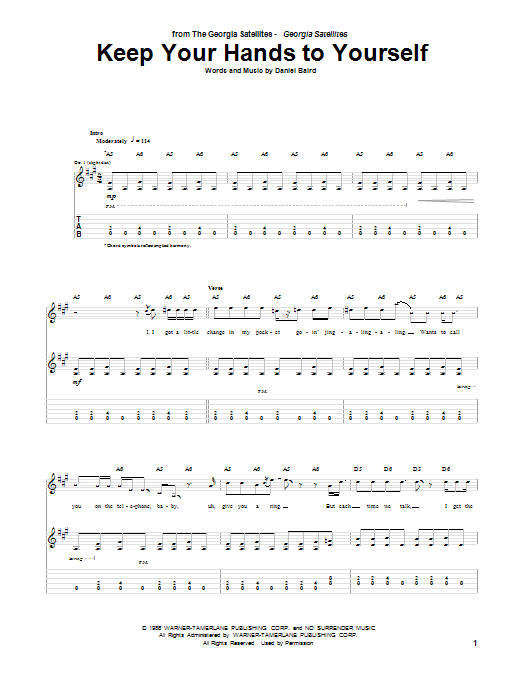 Download Georgia Satellites Keep Your Hands To Yourself Sheet Music and learn how to play Guitar Tab PDF digital score in minutes