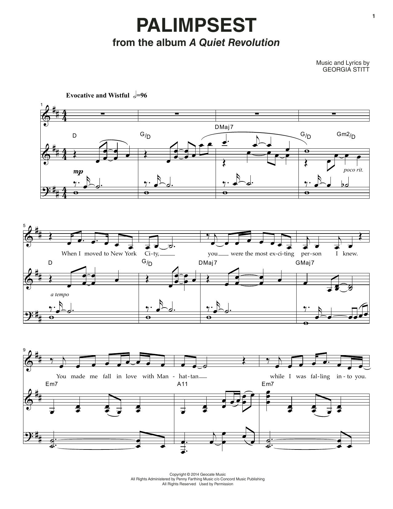 Download Georgia Stitt Palimpsest Sheet Music and learn how to play Piano & Vocal PDF digital score in minutes