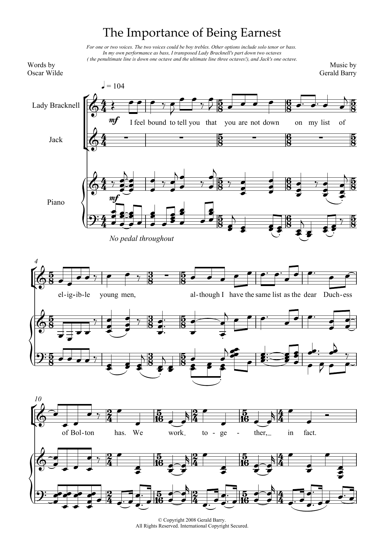 Download Gerald Barry The Importance of Being Earnest (for two voices) Sheet Music and learn how to play Piano & Vocal PDF digital score in minutes