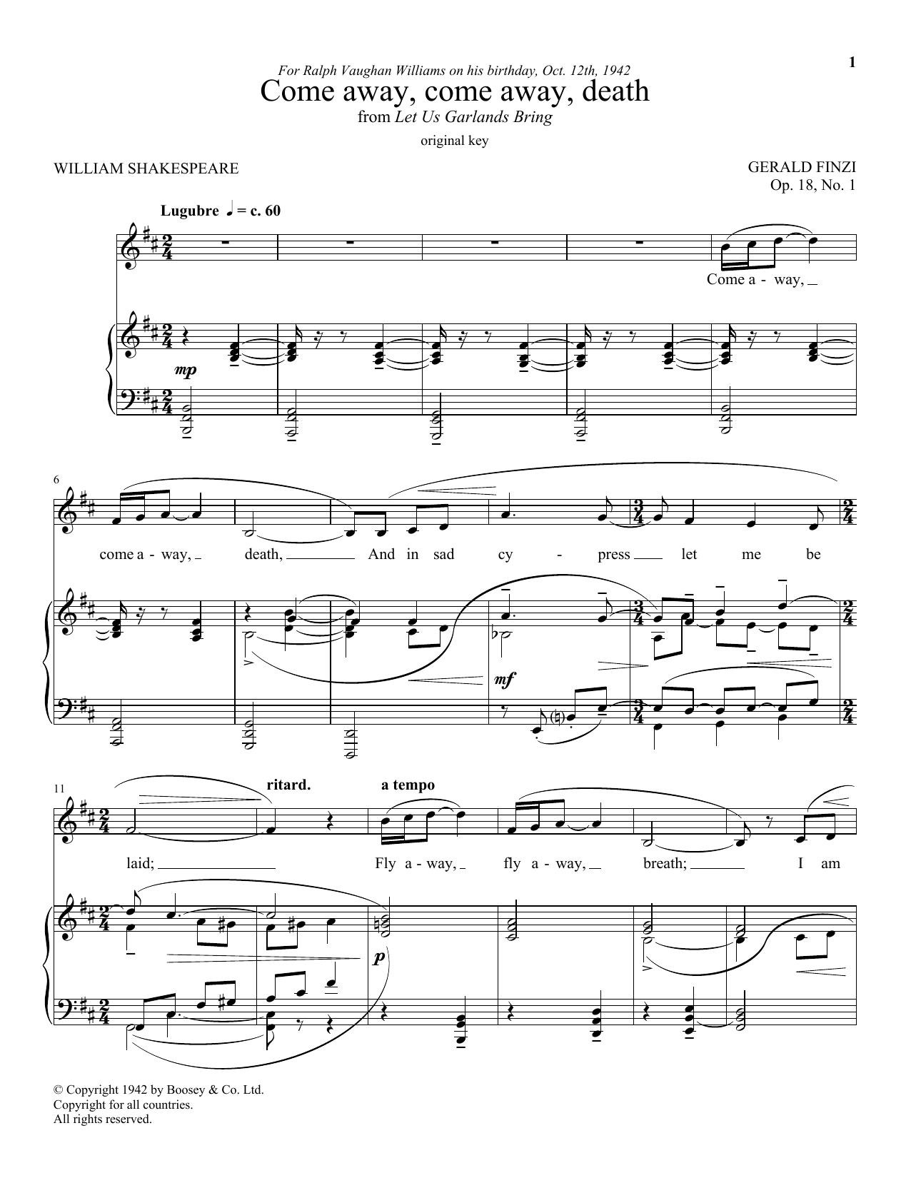 Download Gerald Finzi Come Away, Come Away Death Sheet Music and learn how to play Piano & Vocal PDF digital score in minutes