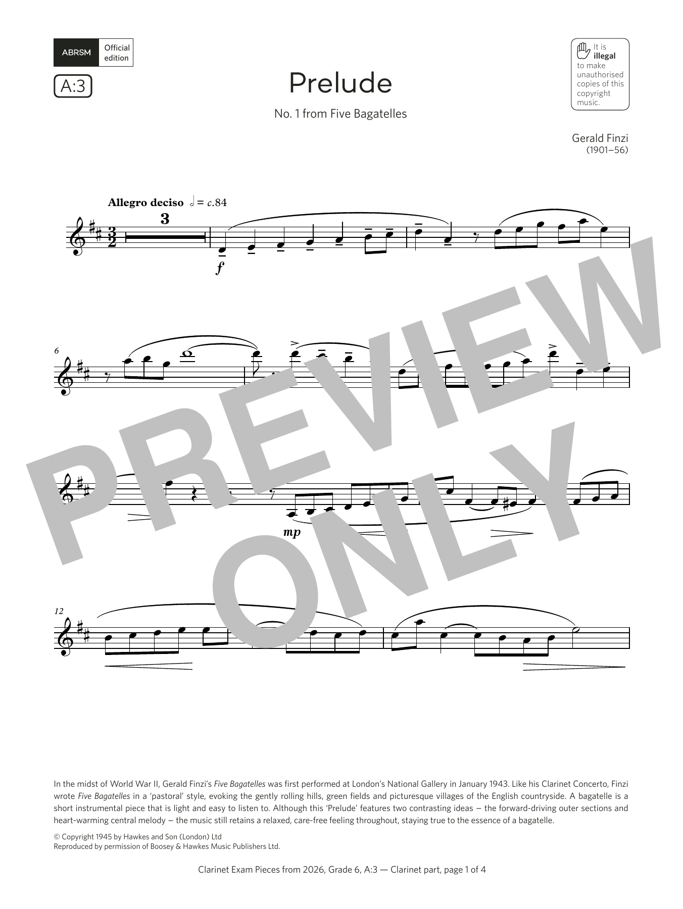 Download Gerald Finzi Prelude (Grade 6, list A3, from the ABRSM Clarinet Syllabus from 2026) Sheet Music and learn how to play Clarinet Solo PDF digital score in minutes