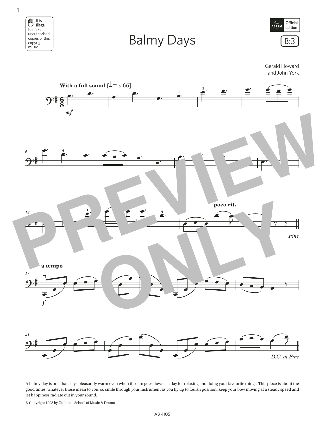 Download Gerald Howard & John York Balmy Days (Grade 2, B3, from the ABRSM Cello Syllabus from 2024) Sheet Music and learn how to play Cello Solo PDF digital score in minutes