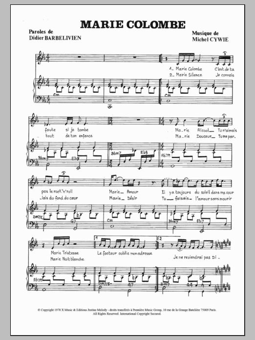 Download Gérard Lenorman Marie Colombe Sheet Music and learn how to play Piano & Vocal PDF digital score in minutes