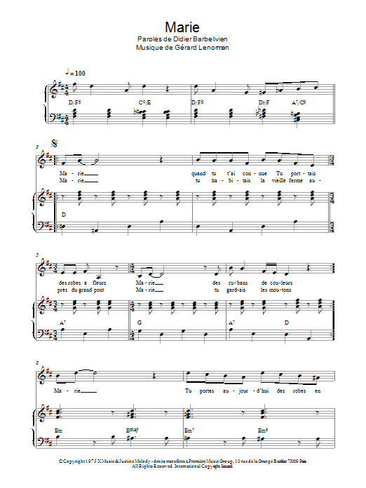 Download Gérard Lenorman Marie Sheet Music and learn how to play Piano & Vocal PDF digital score in minutes