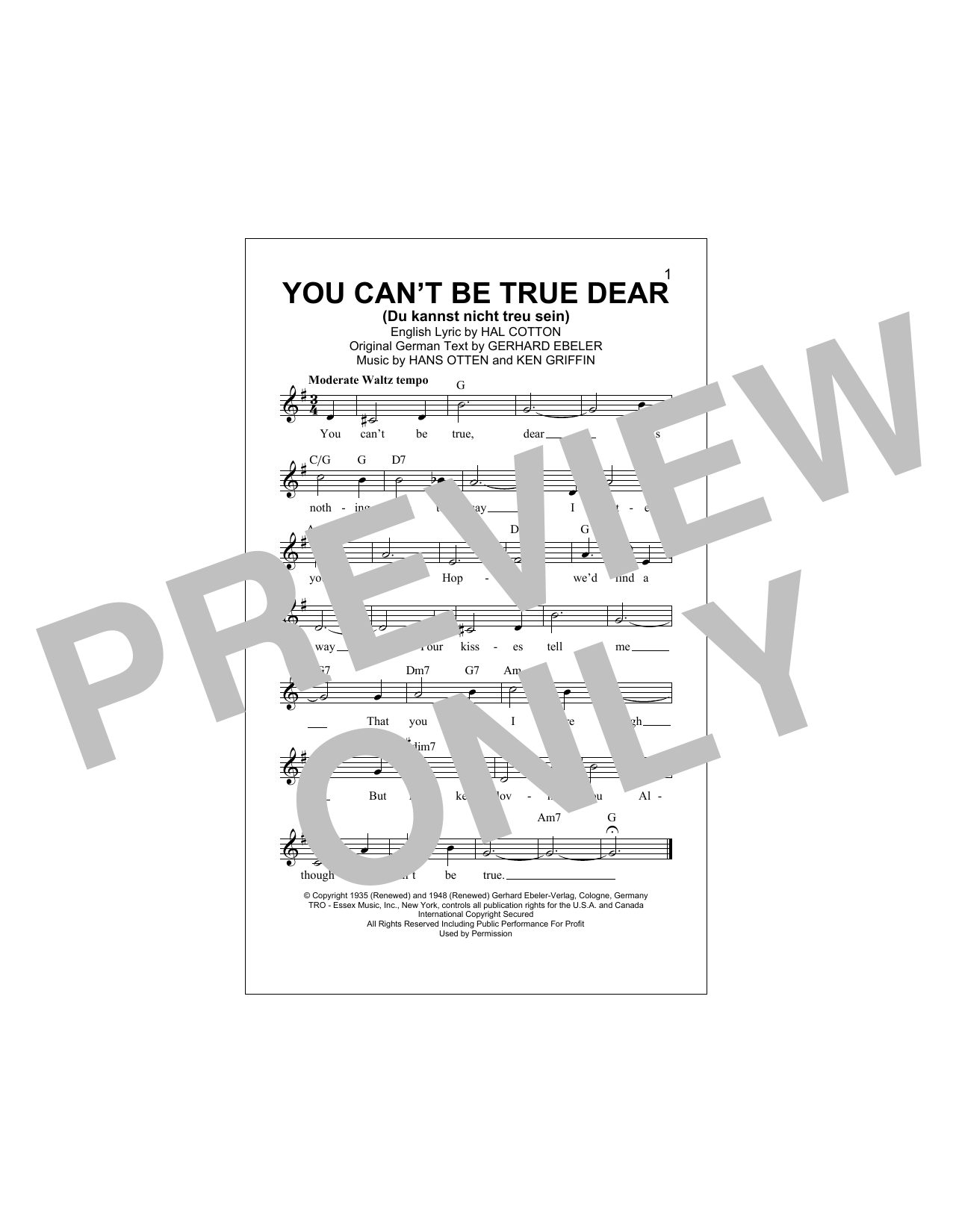 Download Gerhard Ebeler You Can't Be True Dear (Du Kannst Nicht Treu Sein) Sheet Music and learn how to play Melody Line, Lyrics & Chords PDF digital score in minutes