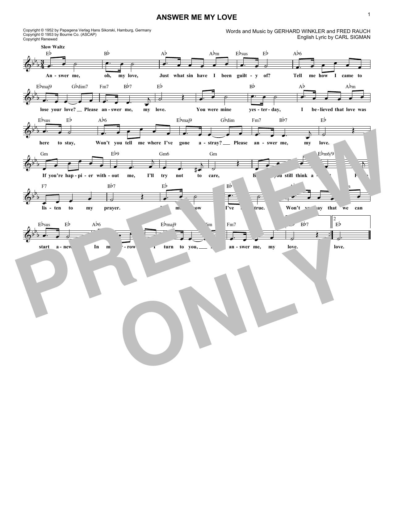 Download Gerhard Winkler Answer Me My Love Sheet Music and learn how to play Melody Line, Lyrics & Chords PDF digital score in minutes