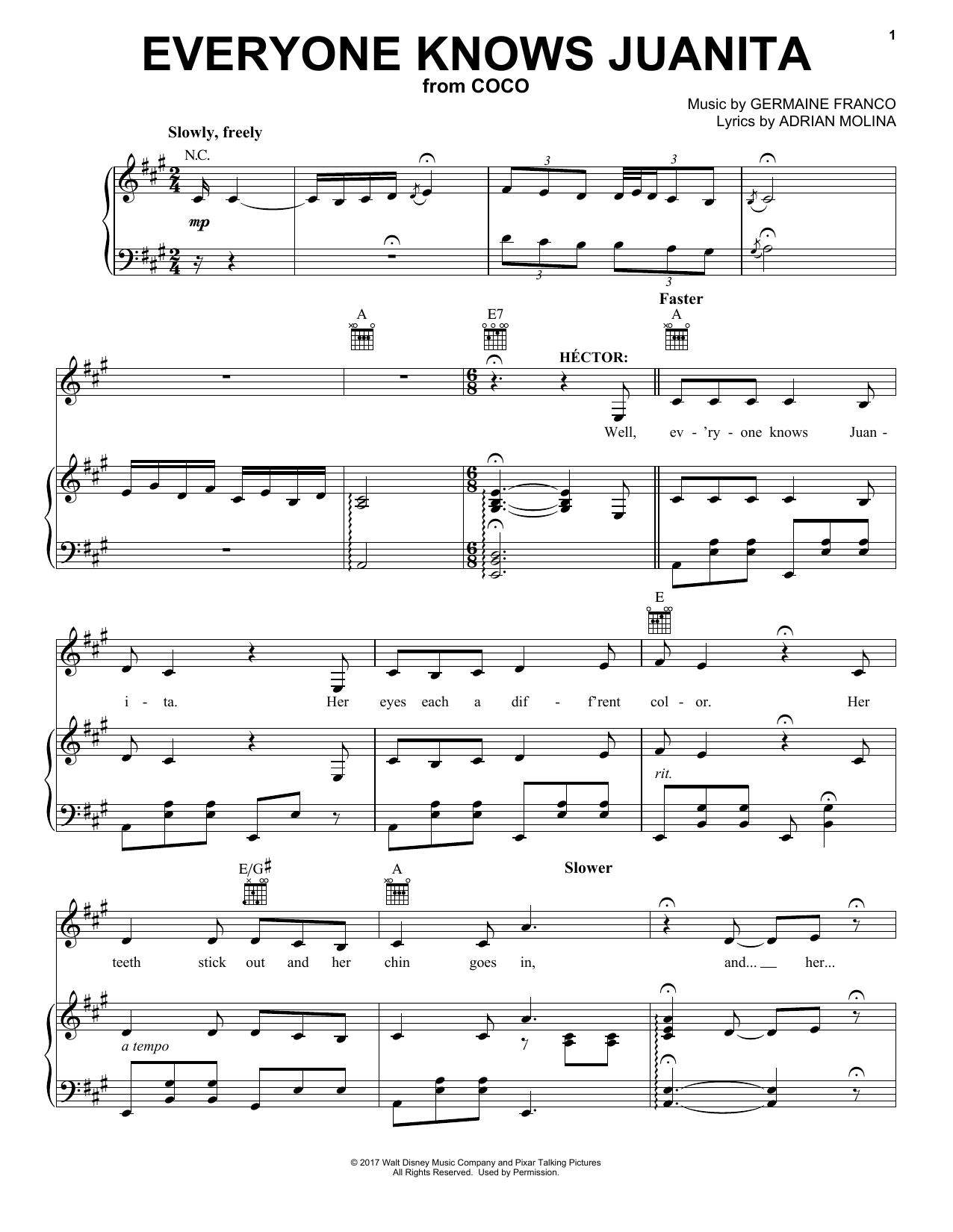Download Adrian Molina Everyone Knows Juanita Sheet Music and learn how to play Piano, Vocal & Guitar (Right-Hand Melody) PDF digital score in minutes