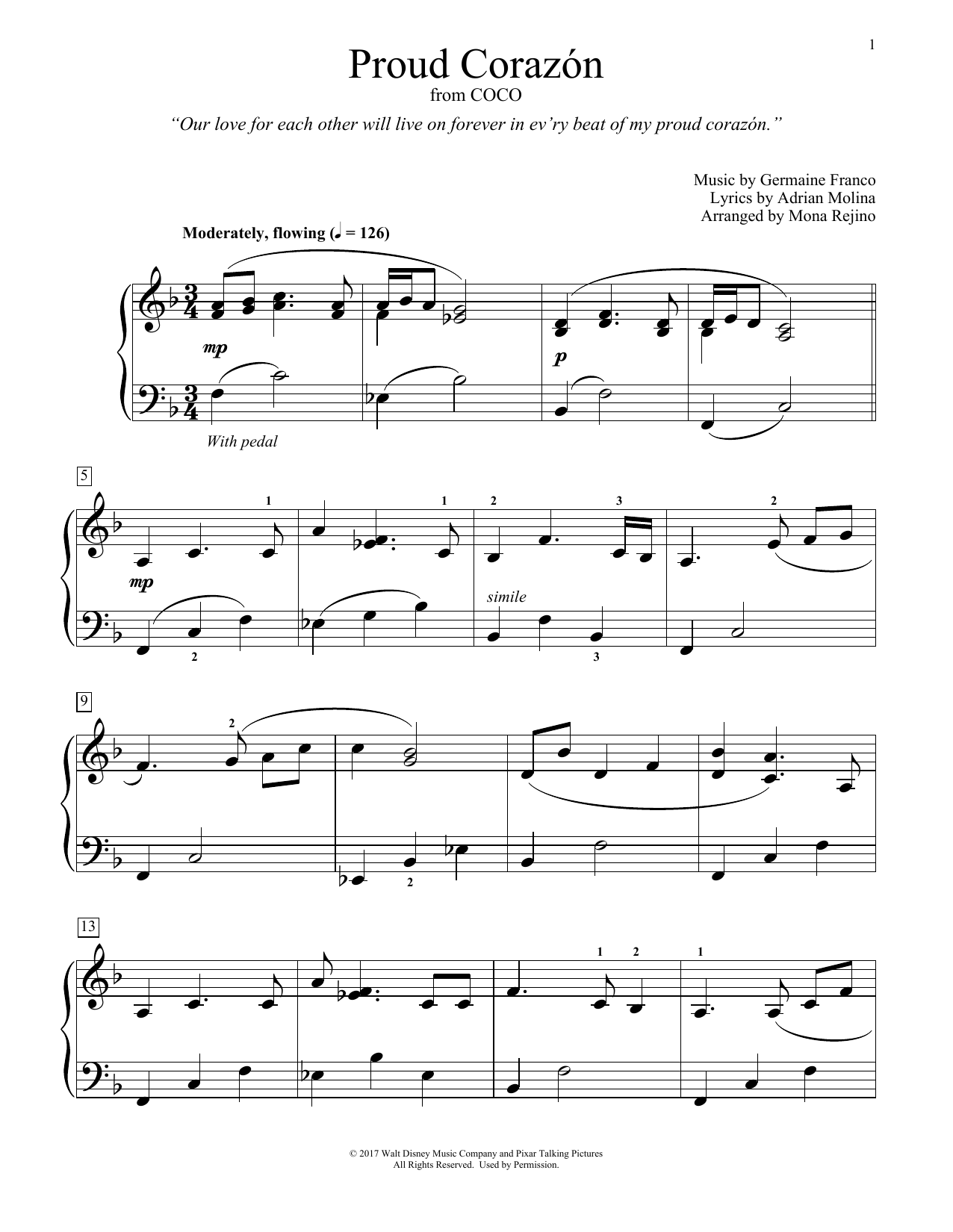 Download Germaine Franco & Adrian Molina Proud Corazon (from Coco) (arr. Mona Rejino) Sheet Music and learn how to play Educational Piano PDF digital score in minutes