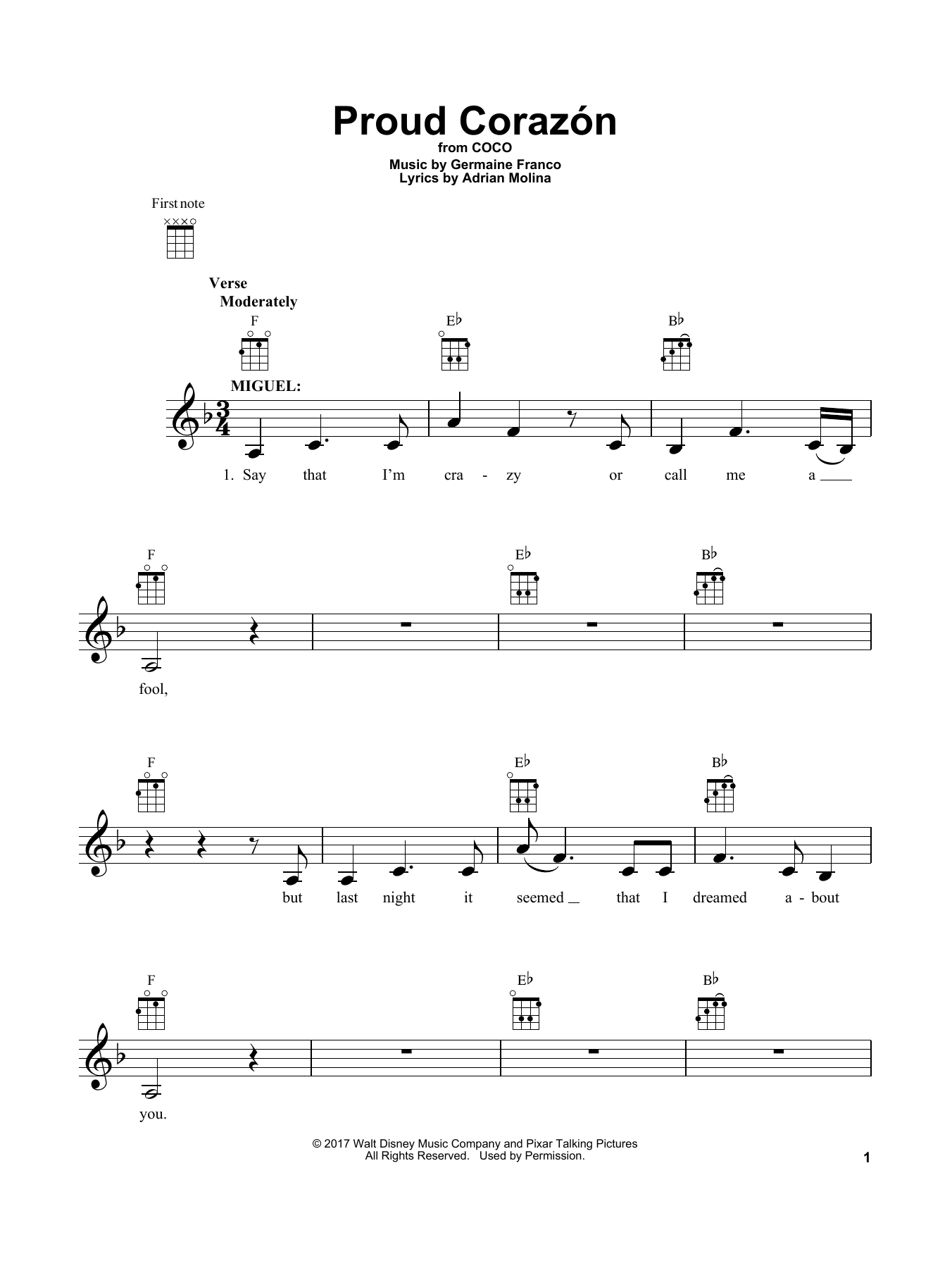 Download Adrian Molina Proud Corazon Sheet Music and learn how to play Piano, Vocal & Guitar (Right-Hand Melody) PDF digital score in minutes