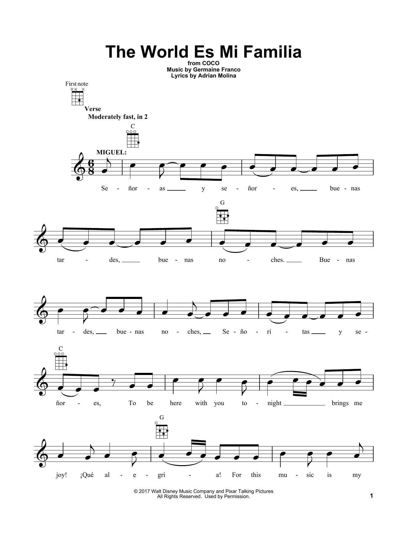 Download Germaine Franco The World Es Mi Familia Sheet Music and learn how to play Easy Piano PDF digital score in minutes