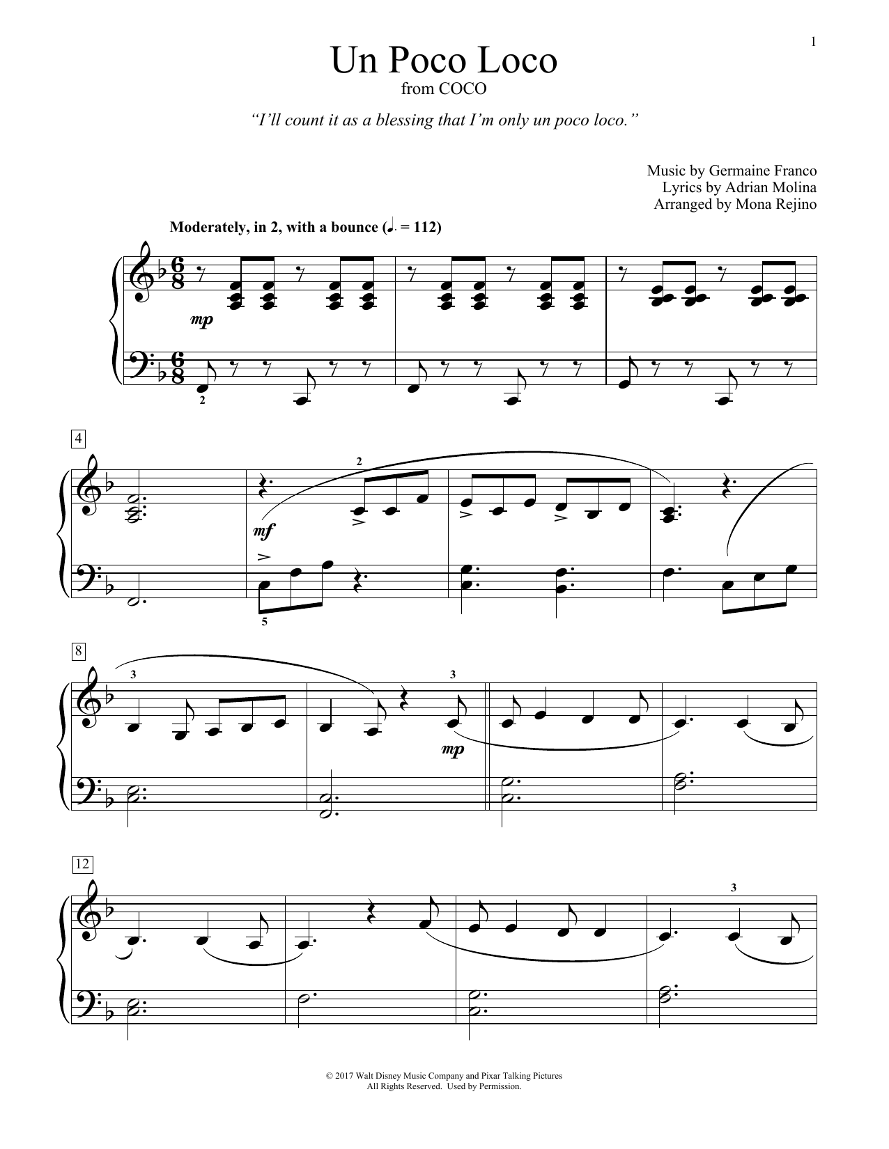 Download Germaine Franco & Adrian Molina Un Poco Loco (from Coco) (arr. Mona Rejino) Sheet Music and learn how to play Educational Piano PDF digital score in minutes