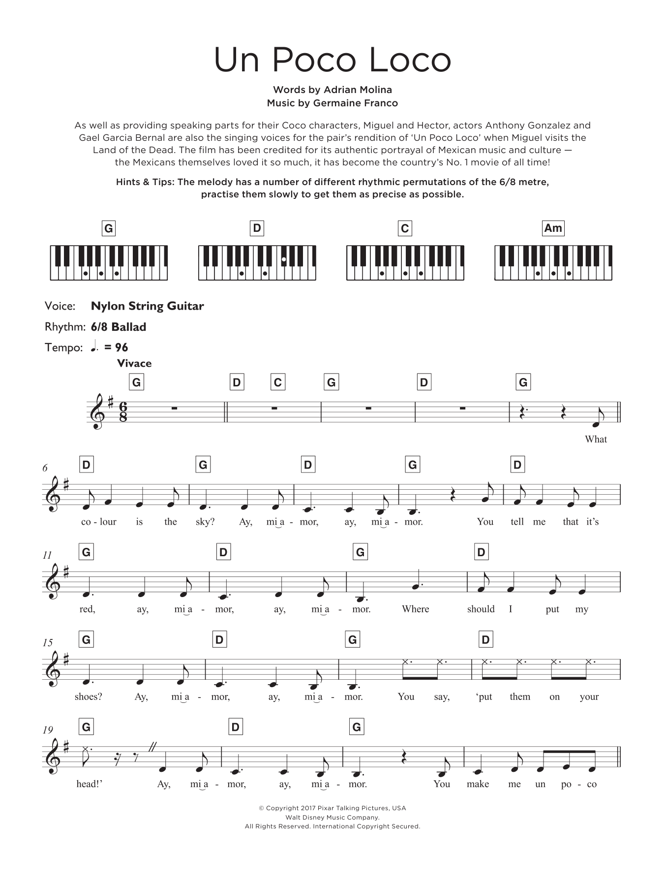 Download Adrian Molina Un Poco Loco Sheet Music and learn how to play Easy Guitar Tab PDF digital score in minutes