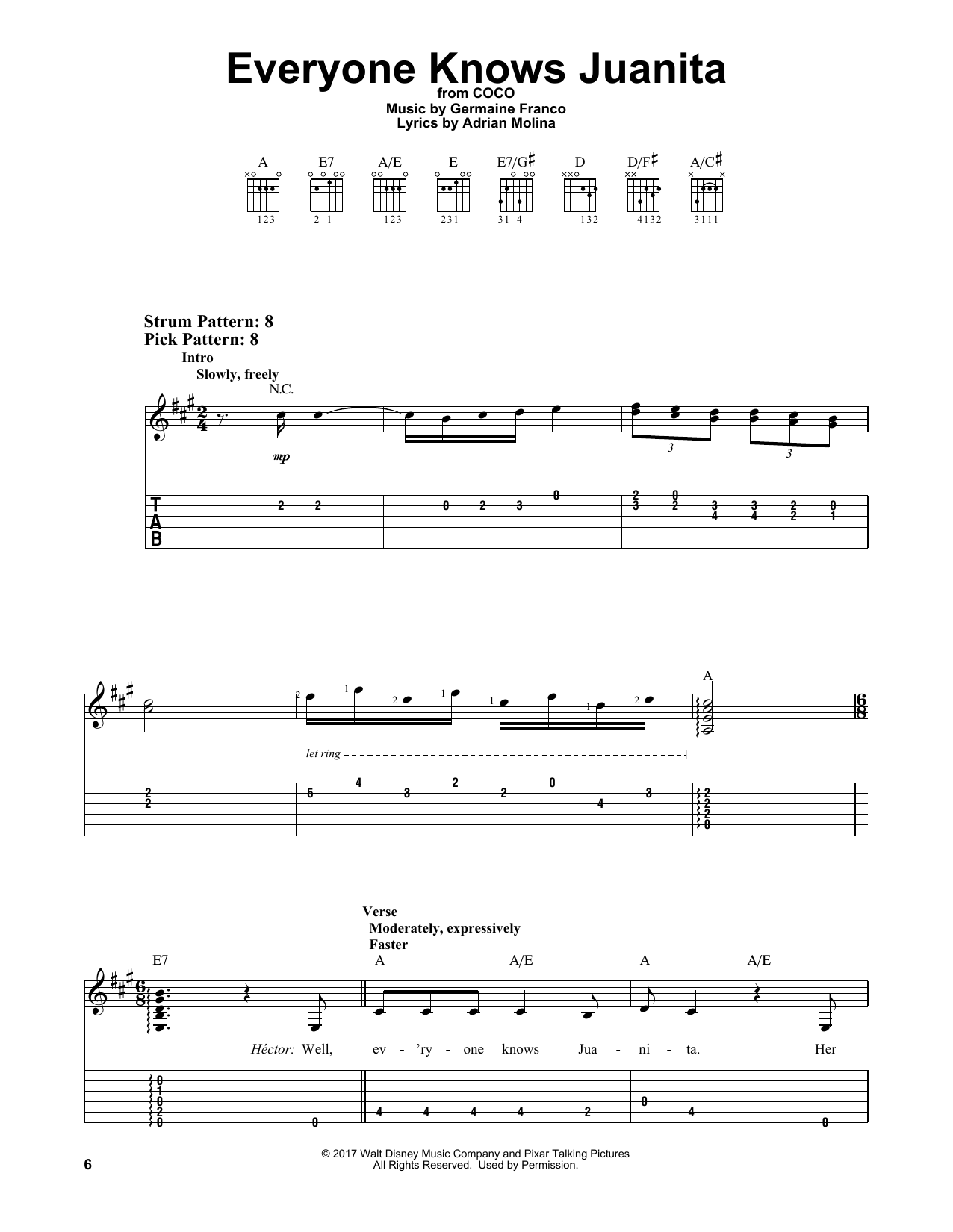 Download Adrian Molina Everyone Knows Juanita Sheet Music and learn how to play Easy Guitar Tab PDF digital score in minutes